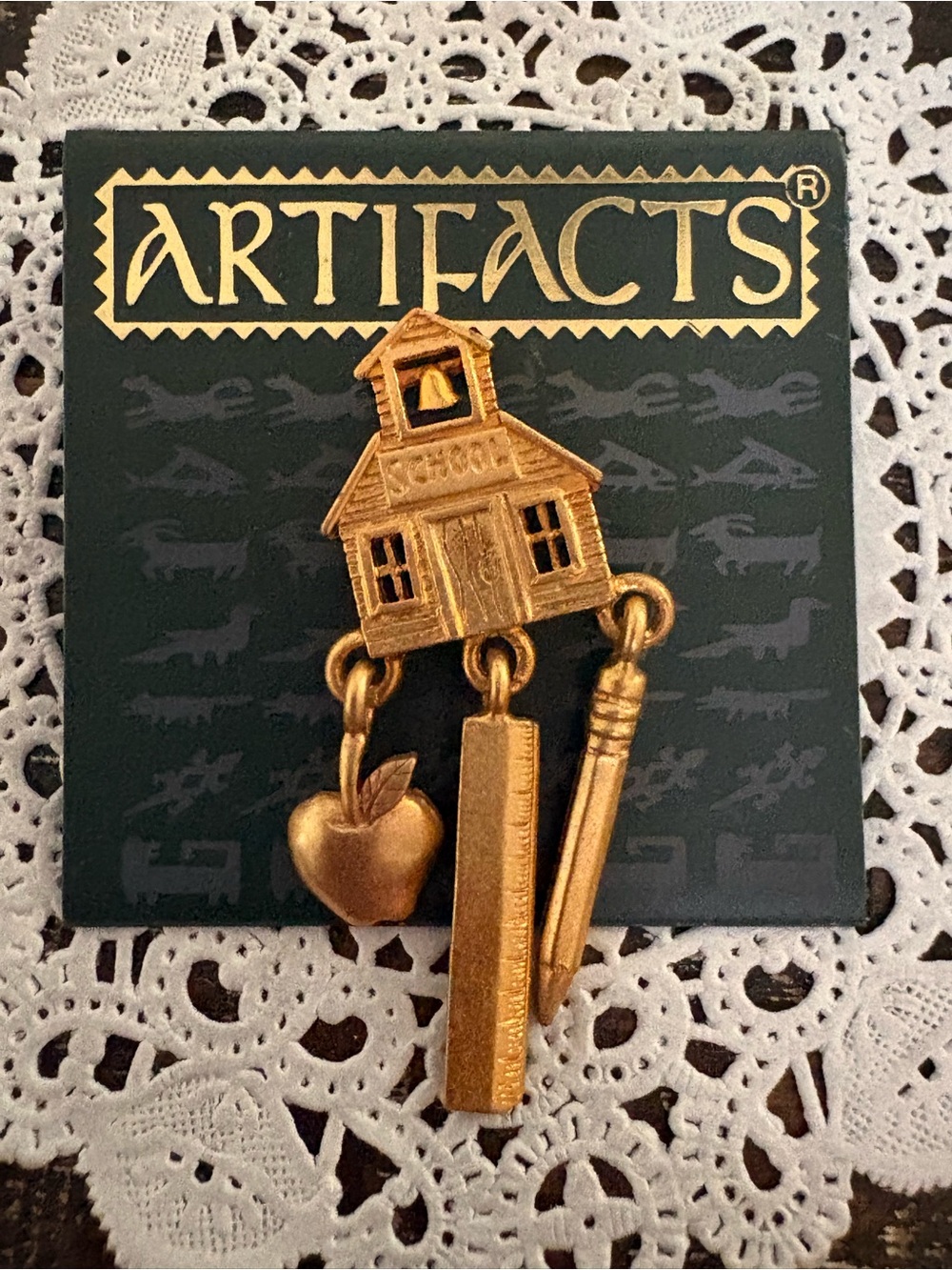 Vintage JJ Jonette Artifacts Gold Tone School House Dangling Teachers Brooch